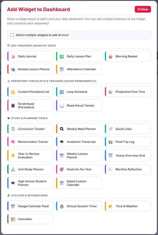 Homeschool Dashboard Widgets